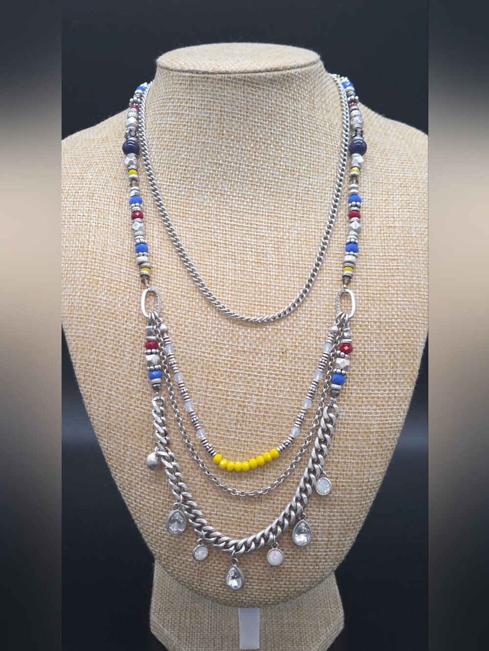 Premier Designs Multi-Strand Silver Necklace with Yellow and Multicolor Beads